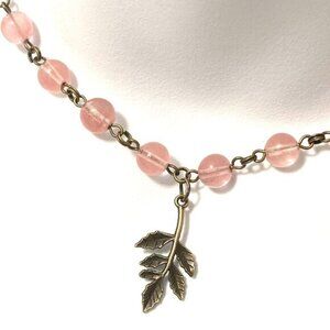 Cute Cherry Quartz Bronze Leaf Branch Pendant Adjustable Choker